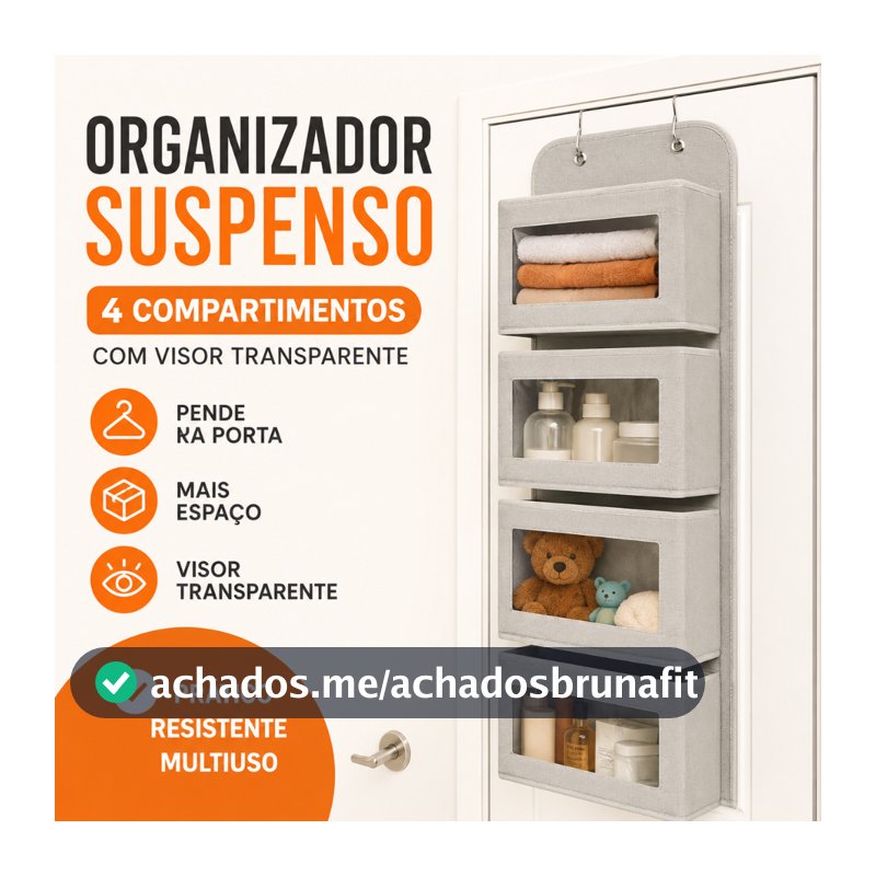 Organizador Suspenso 4 Compartimentos com Visor Transparente Porta Closet Guarda-Roupa Banheiro