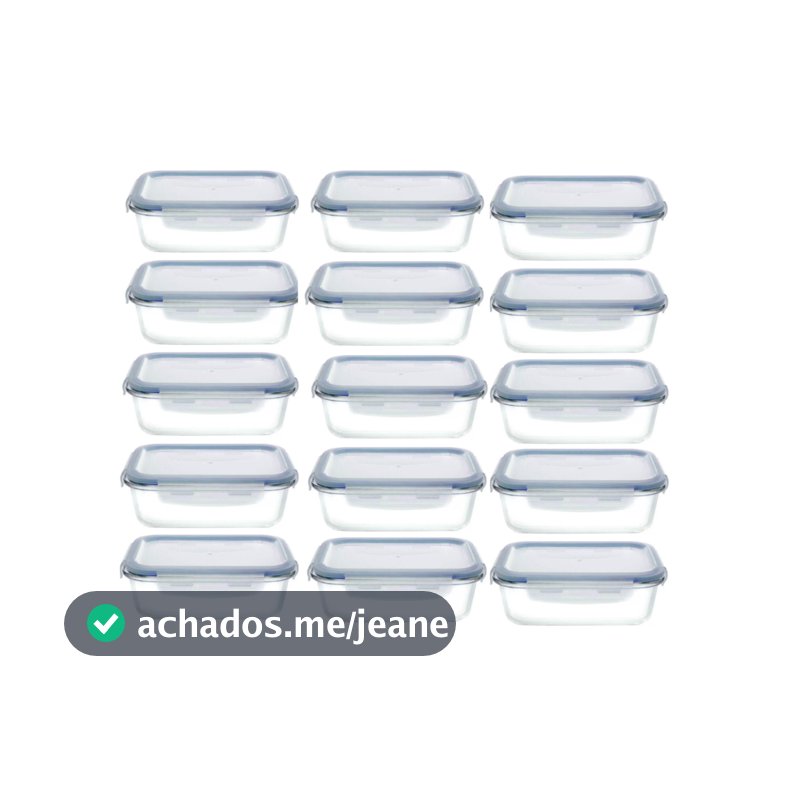 Kit 15 Potes Hermético 350ml Vidro Retangular Marmita Tampa Hermética 4 Travas Marmitinha Fitness