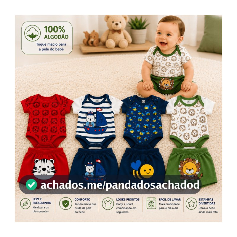 Kit Enxoval 6 Peças Body Bebê Infantil Menino Animado Estampado Bodie Short Mijão