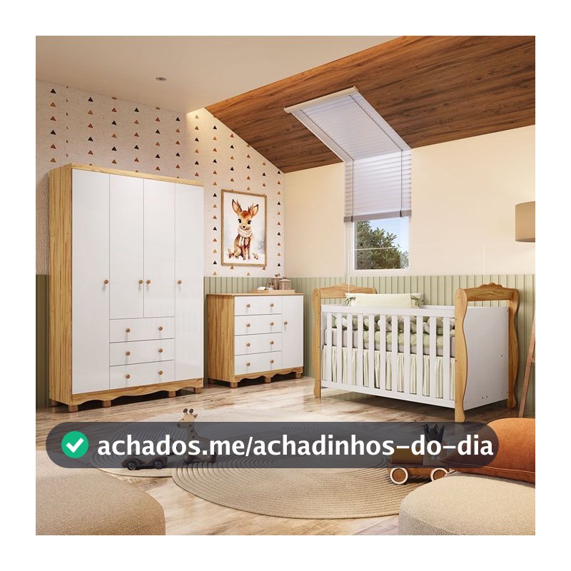 Quarto de Bebê Completo Berço 3 em 1, Cômoda e Guarda Roupa MDF Nina Espresso Móveis Branco/Amêndoa Branco