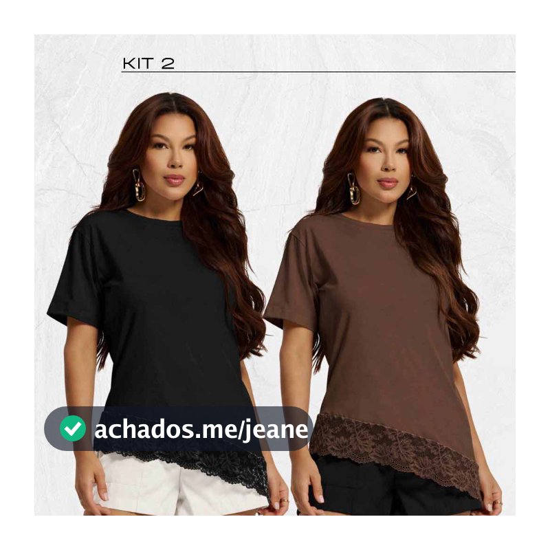 kit 2 T-Shirt Feminina Detalhe Renda Blusa Soltinha Confortável Moda Casual Chic Tendência Assimetrica Over Casual