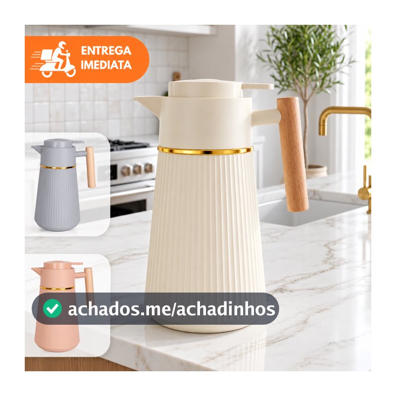 Garrafa Térmica Nórdica Berlim Café 1L Cabo De Madeira Luxo Mesa Posta Canelado Dourado