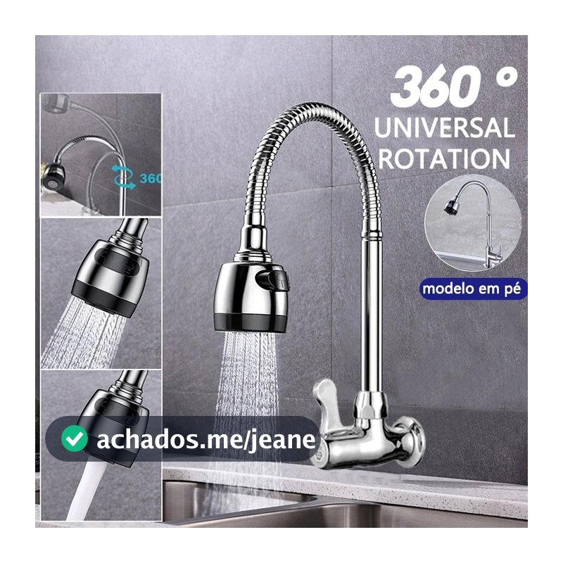 Inox Prata Torneira com chuveiro com rotação de 360° Cozinha Luxo Parede Promoção-JACKCELL