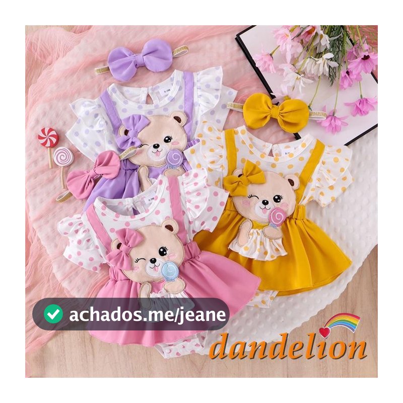 Bebê Meninas Verão Manga Curta Urso Bordado Macacão Com Bandana Roupas Recém-Nascidas
