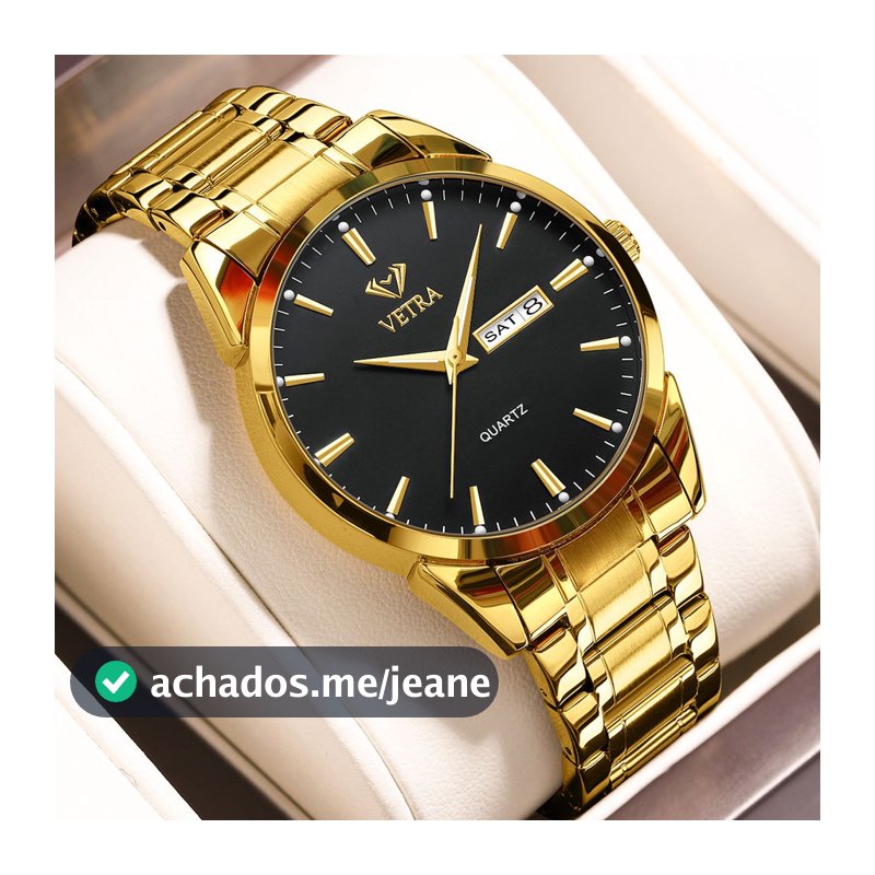 VETRA Relógio Masculino Original Relogio Luxo a Prova d Água Presente para Homem Aço Inoxidável Preto Dourado 6898