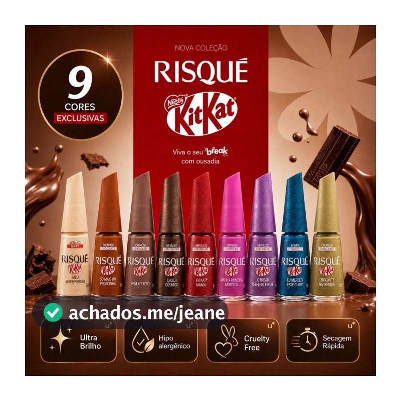 Esmalte Risque KitKat Lançamento Kit 9 opções de Cores Hipoalergênico com cheirinho de chocolate Kit Kat