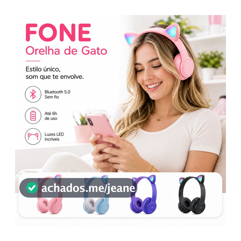 Fone De Ouvido Bluetooth Sem Fio Orelha De Gato LED Gamer Dobrável Som HD Microfone PC