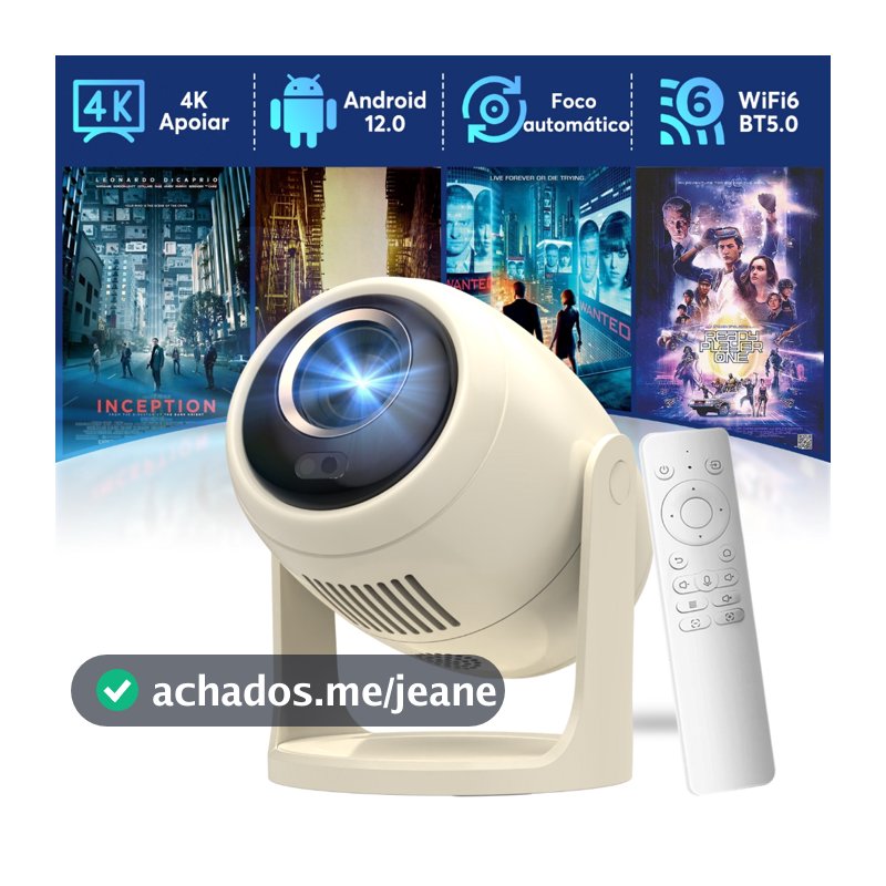 Projetor Mini AOC com WiFi6 e BT 5.0, Projetor Portátil com Suporte 4K e HD, 230 ANSI, Android 12.0, Rotação 360°