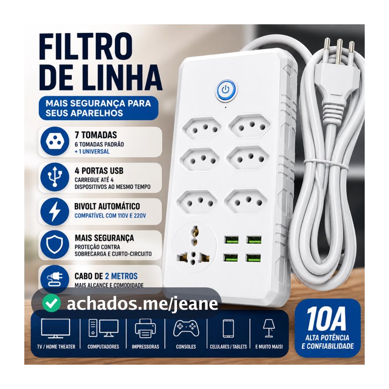 Régua Filtro de Linha com 7 Tomadas Extensão Elétrica 1 Universal 4 USB Bivolt 10A 110v/220v Cabo de 2 Metros Seguro e c