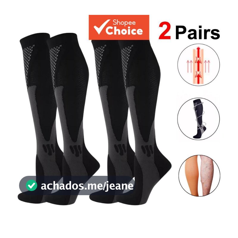 Kit 2 Pares de Meias Unissex de Compressão 20-30mmHg para Corrida, Futebol, Alívio de Dor e Cansaço, Cor Preta