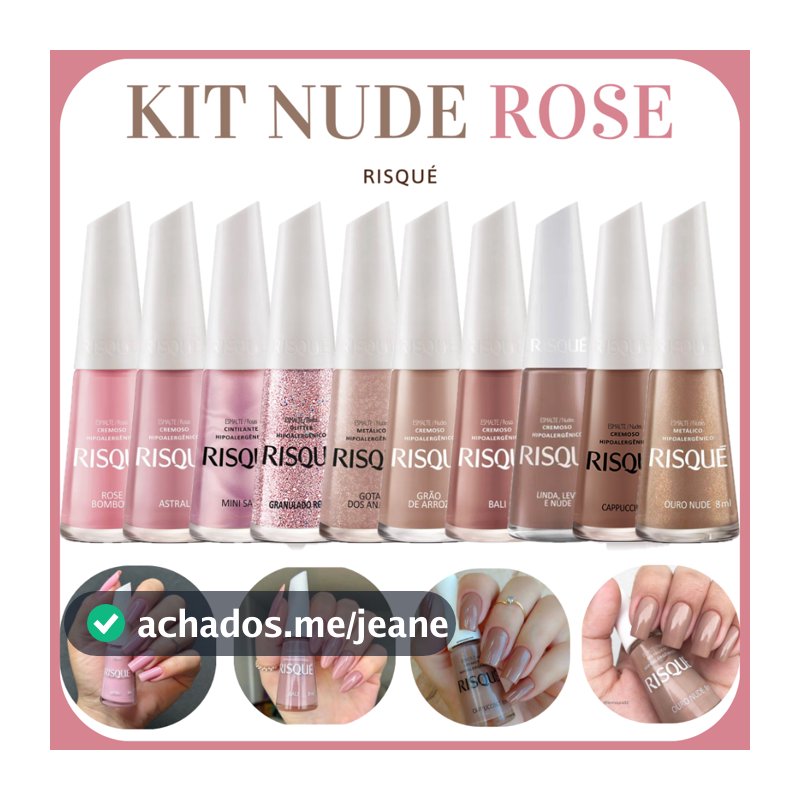 Kit 10 Esmaltes Risqué Tons Nude e Rosa Manicure Unhas Esmalte Cremoso
