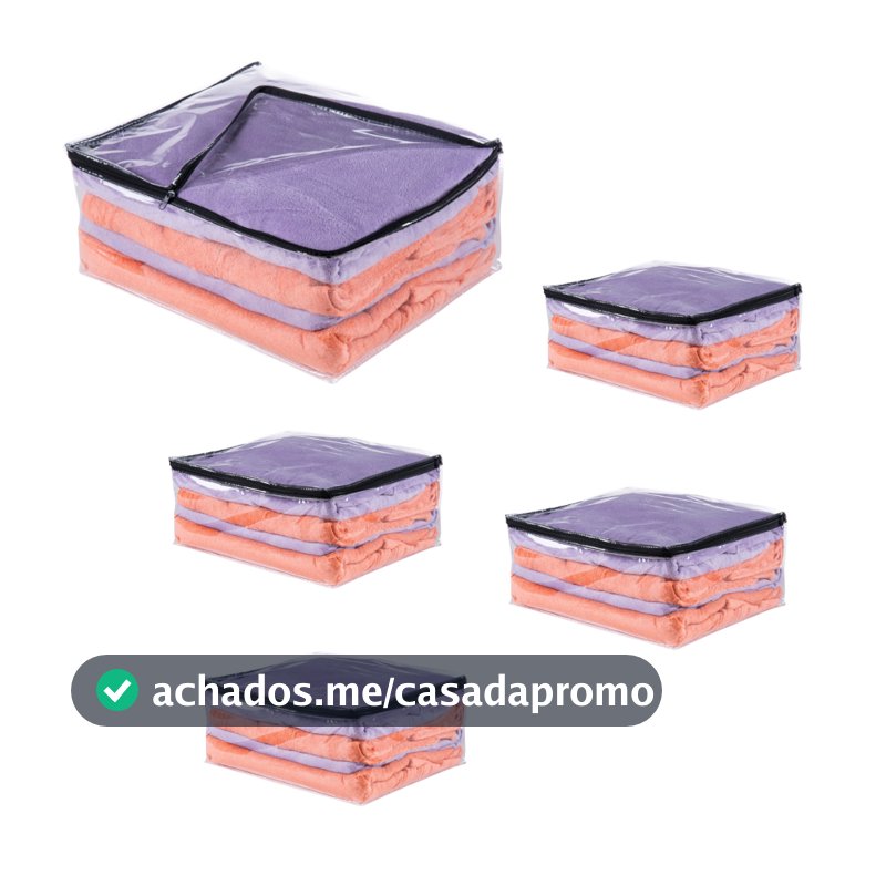 Kit 5 Saco Embalagem Multiuso Guarda Roupa Edredom Toalhas Transparente 100% Pvc e Ziper Preto