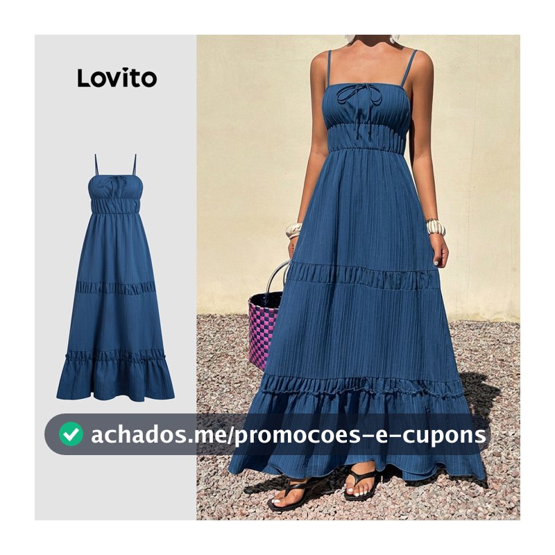 Lovito Vestido Boho com Borda de Folhas de Alface Primavera/verão Azul para Mulheres LK7LD184