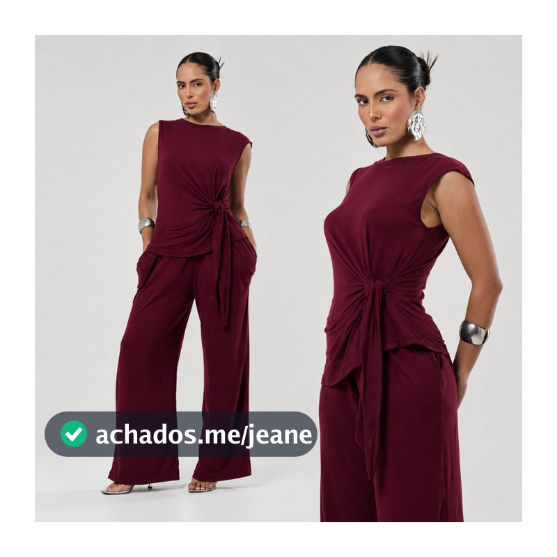 Conjunto Feminino Suede Calça Pantalona e Blusa Elegante assimetrica com amarração