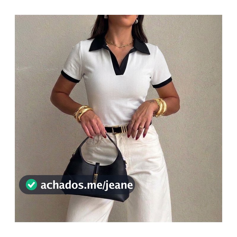 Blusa Feminina Gola Polo Bicolor Ribana Canelada Premium Elegante Casual Estilosa Manga Curta  Moda Verão