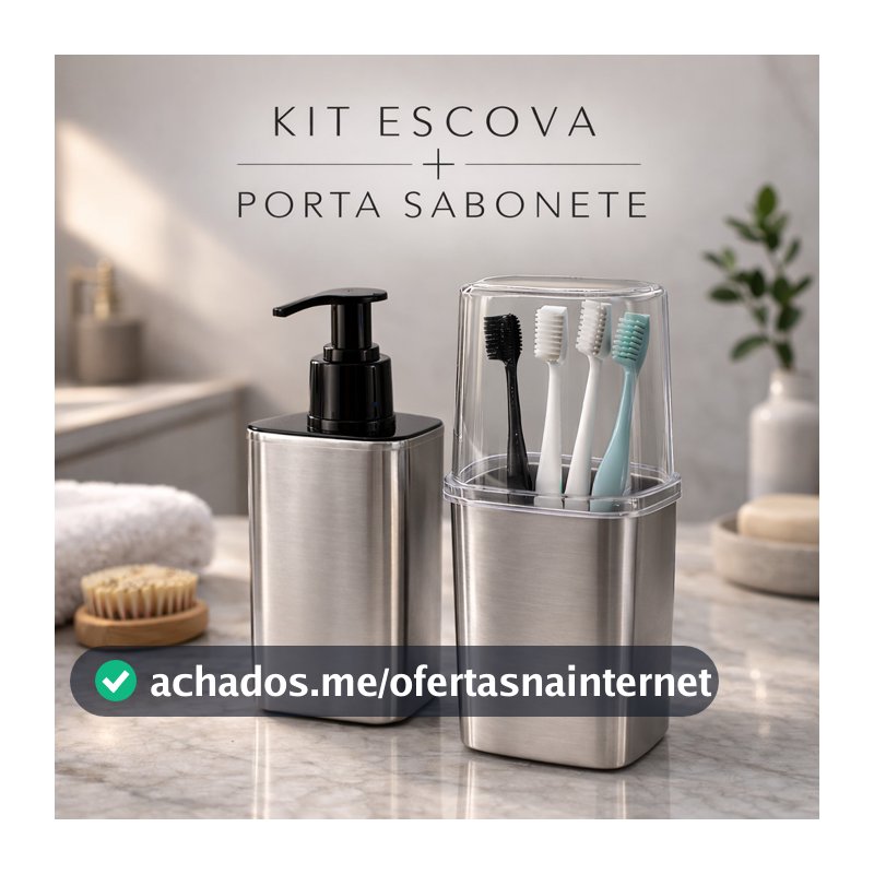 Kit Utensílios Prata 2 pçs Dispenser Porta Sabonete Liquido + Porta Escova Dentes Inox Toalete Luxo