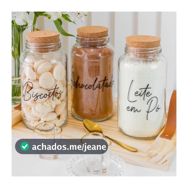 Kit Cantinho do Café - Achocolatado, Leite em Pó e Biscoitos | 3 potes de Vidro 810ml com Tampa Rolha + Adesivos