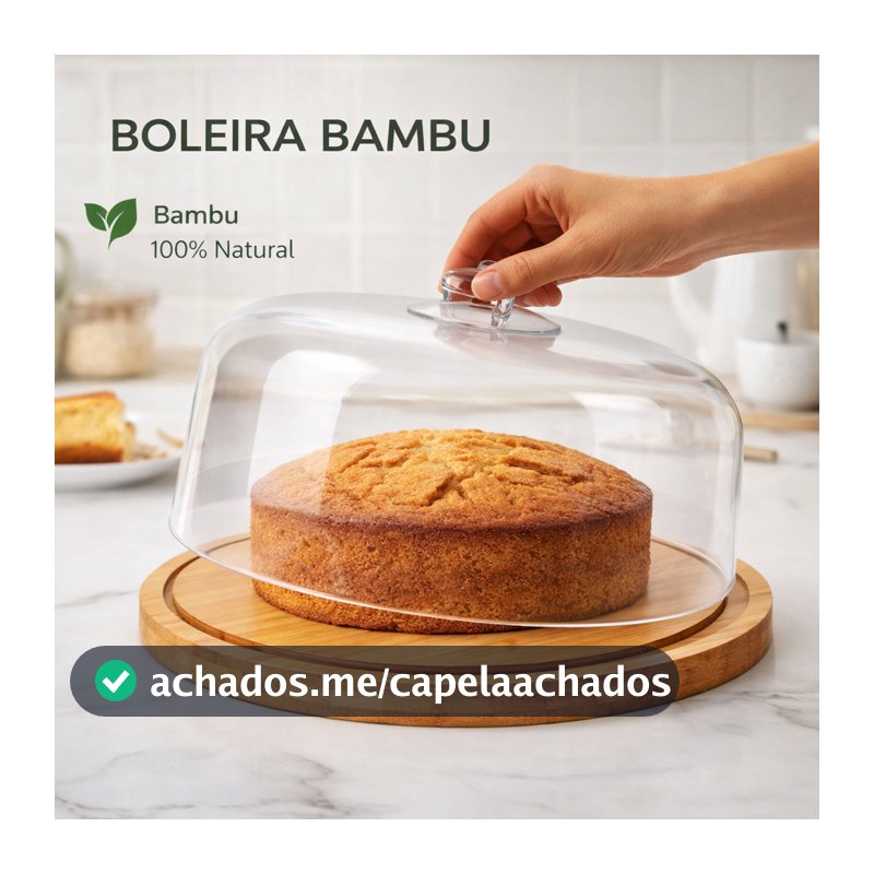 Boleira Bambu Com Tampa Em Acrílico  Base em Bambu Redonda