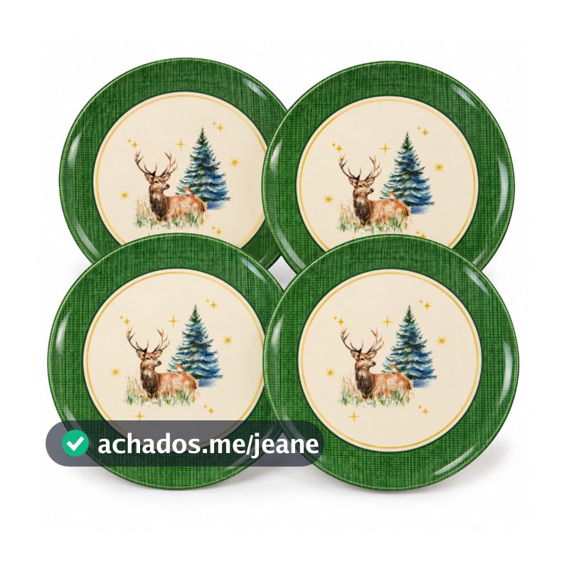 Kit 4 Pratos Natalinos Rena e Pinheiro Melamina 25cm
