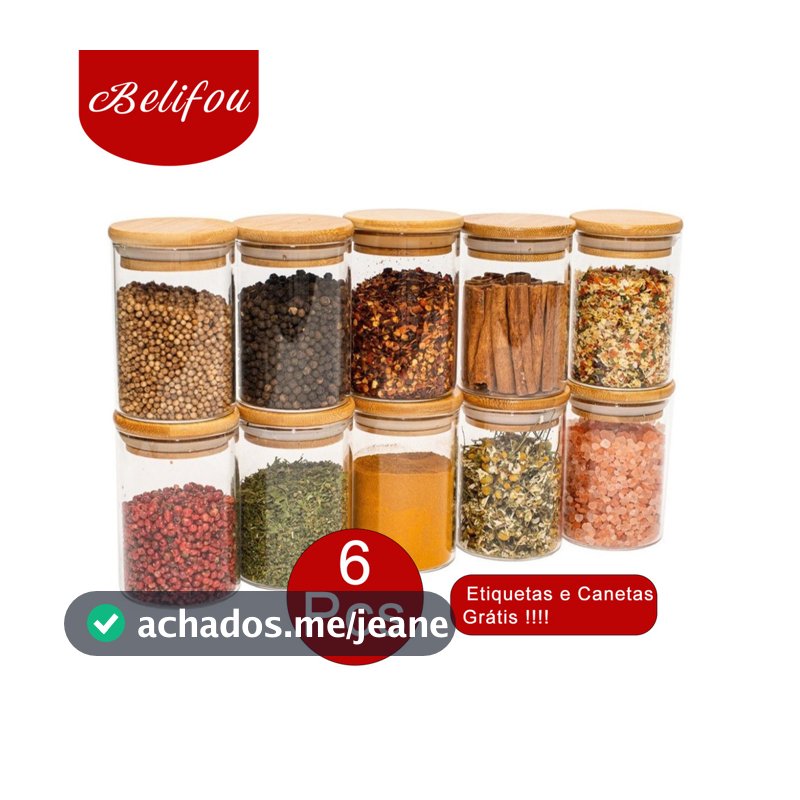 Belifou 200ML Kit 6 Potes Para Alimentos Com Tampa Bambu Potes Vidro Potes Pote De Vidro Selado