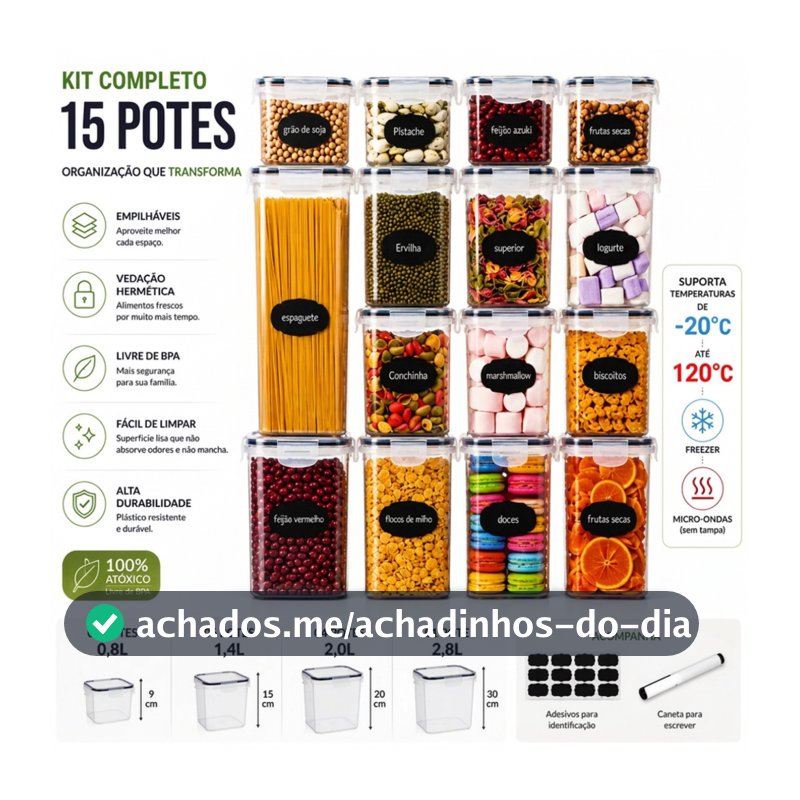 Kit 15 Potes Hermético Cadencia Mantimentos Quadrado Freezer Micro-ondas 22,4L Com Adesivos e Canetinha