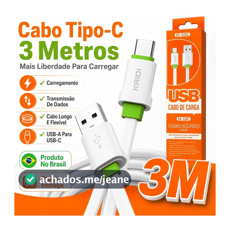 Cabo USB Para Tipo C KAIDI KD-330C 3m Carga Rápida Celular Tablet