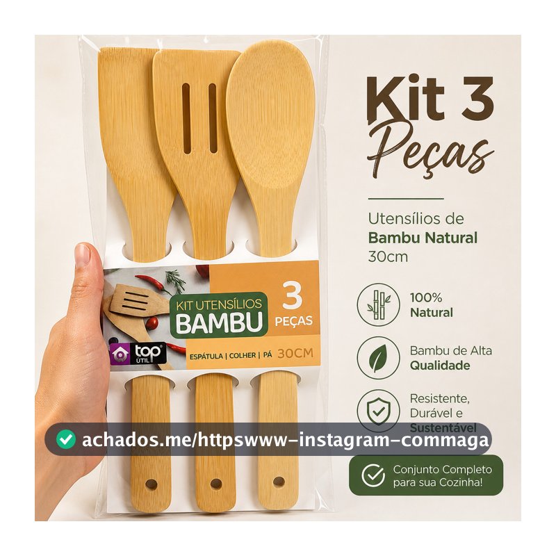 Kit 3 Utensílios de Bambu 3 Peças para Cozinha Espátula Colher 30cm Conjunto