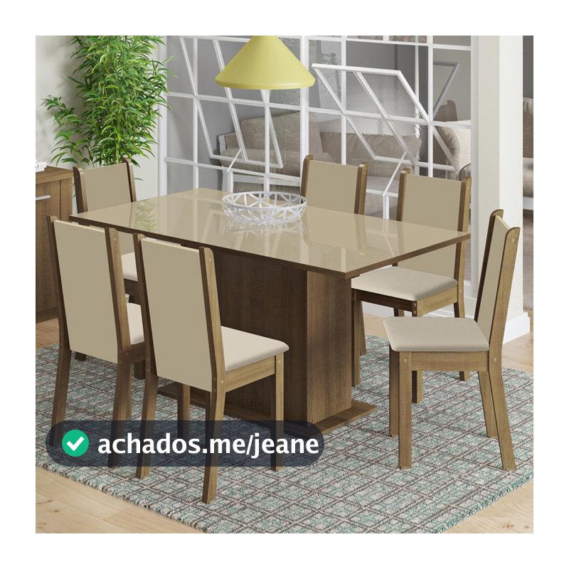 Conjunto Sala de Jantar Madesa Moscou Plus Mesa Tampo de Vidro com 6 Cadeiras - Rustic/Crema/Pérola