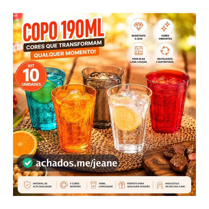 Kit 10 Copos Plásticos 190ml Reutilizáveis Coloridos  Resistentes Festa Churrasco 15 anos Bar Boteco Drinks BPA Free