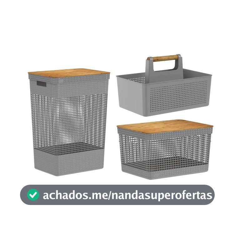 2 Cesto Com Tampa De Bambu 49 e 20 Litros Prático Organizador Com Alça