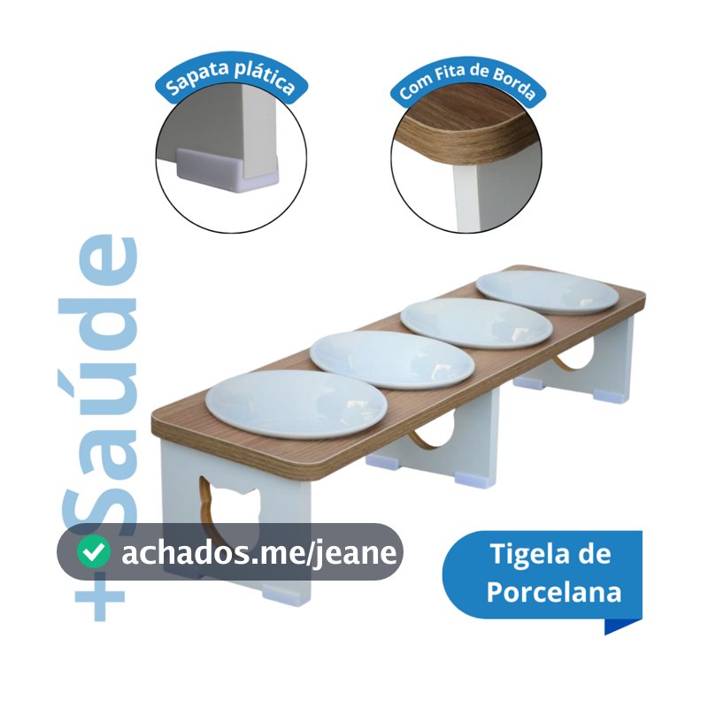 Comedouro Bebedouro Gato Elevado Quádruplo Linear Pet MDF