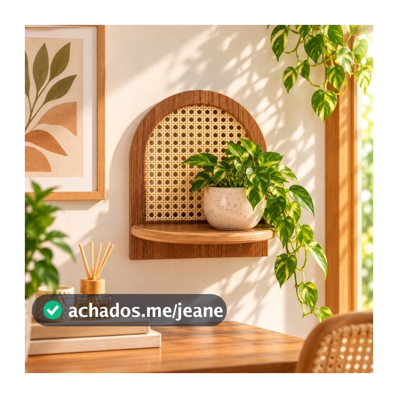 Prateleira Decorativa Boho com Palha Indiana Natural MDF Parede Arredondada