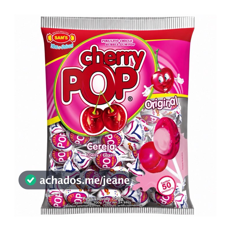 50un Pirulito Cherry Pop Cereja Recheio Chiclete 700grs - Sams