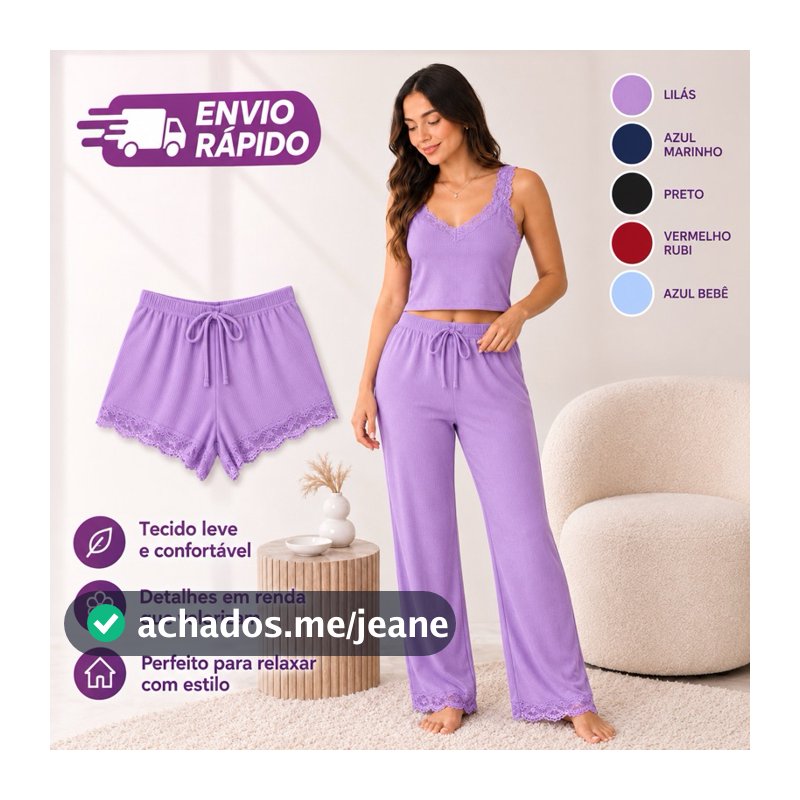 Pijama Longo Suede Feminino Verão Inverno 3 Peças (Regata + Calça + Short)  Confortável Para Dormir