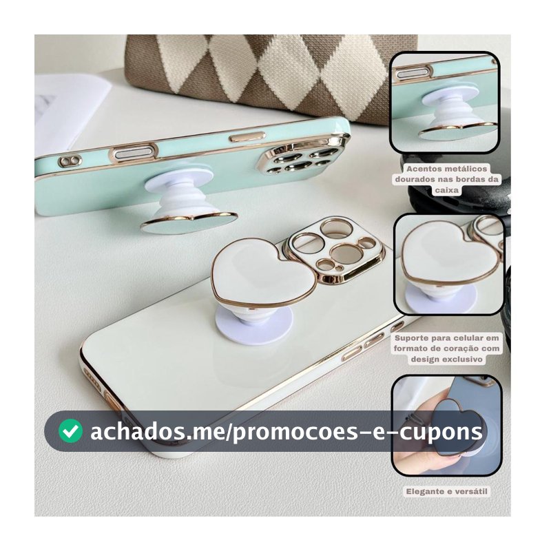 Suporte Pop Socket para Celular Coração, Borda Dourada, Cores Macaron, Retrátil e Adesivo