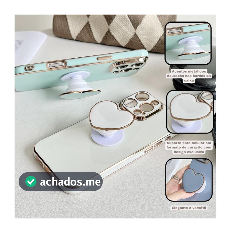 Suporte Pop Socket para Celular Coração, Borda Dourada, Cores Macaron, Retrátil e Adesivo