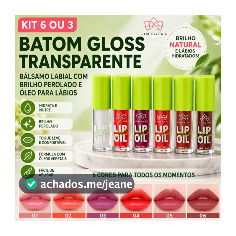 【LIMEGIRL】kit 6 or 3 Batom Gloss Transparente Bálsamo Labial com Brilho Perolado e Óleo para Lábios L-0204