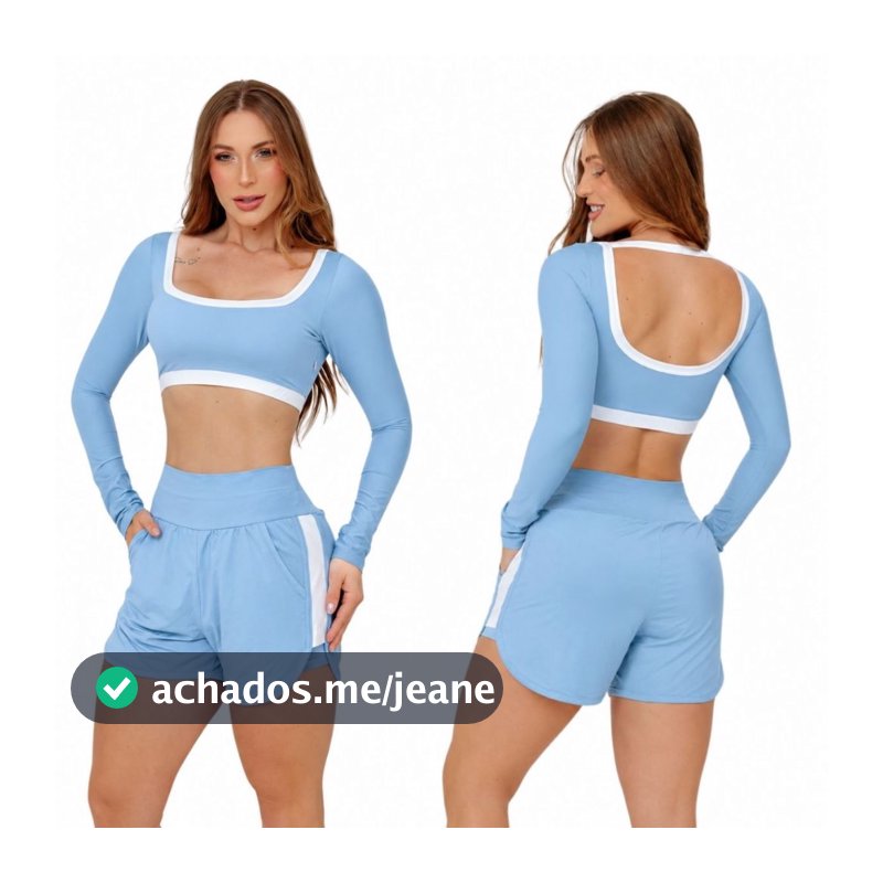 CONJUNTO SHORT DUPLO COM BOLSO BICOLOR POLIAMIDA GELADINHO TOP MANGA LONGA COM BOJO