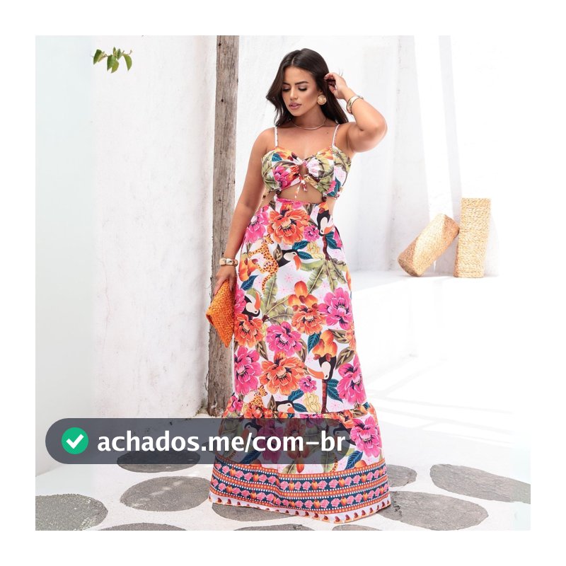 Vestido Longo Feminino Bege Tucano Decote com Amarração Estilo Praia Chic Verão