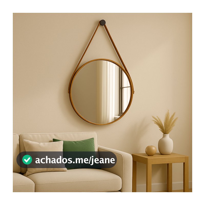 Espelho Decorativo Adnet 40cm Couro Alça Suporte Banheiro Sala Quarto Escritório