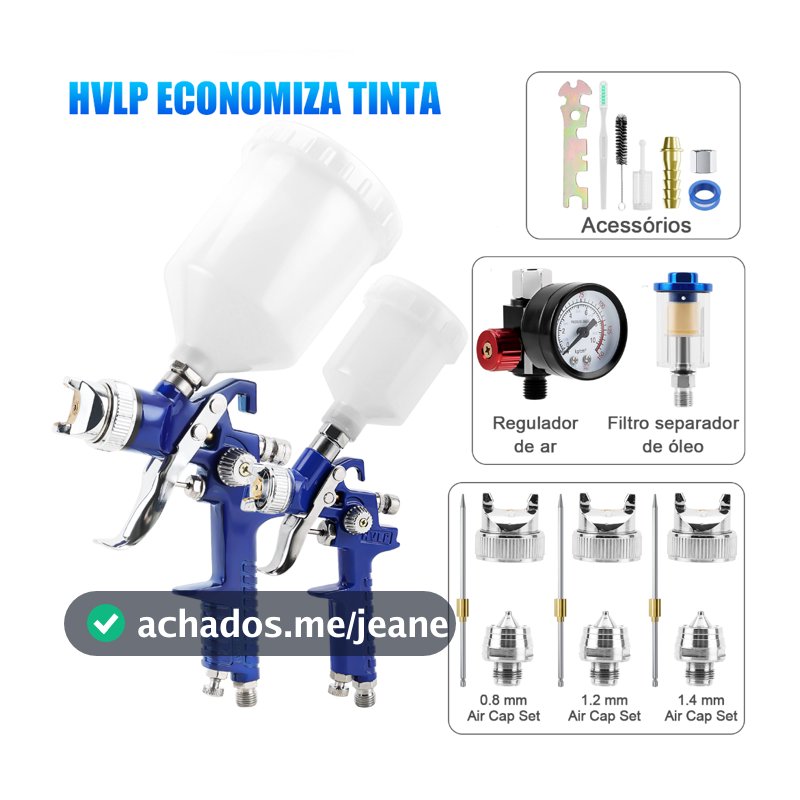 Kit Pistola de Pintura HVLP 2 Unidades 3 Bicos Regulador Pressão Filtro Separador Água Óleo Para Oficina Automotiva