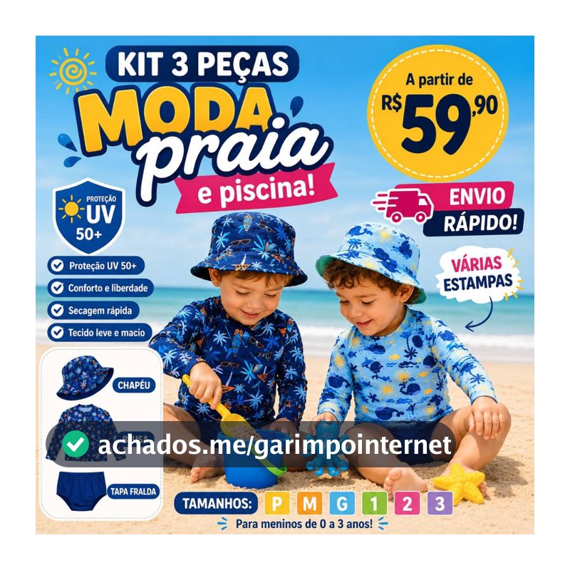 kit Bebê Blusa com Proteção Solar UV50 +Tapa Fralda( Sunga ) e Chapéu- Moda Praia e Piscina MeninosM ao 3