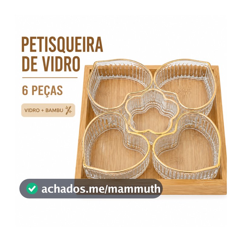 Petisqueira de Vidro 6 Peças com Bandeja de Bambu Tigelas Coração e Flor para Petiscos Doces e Frutas