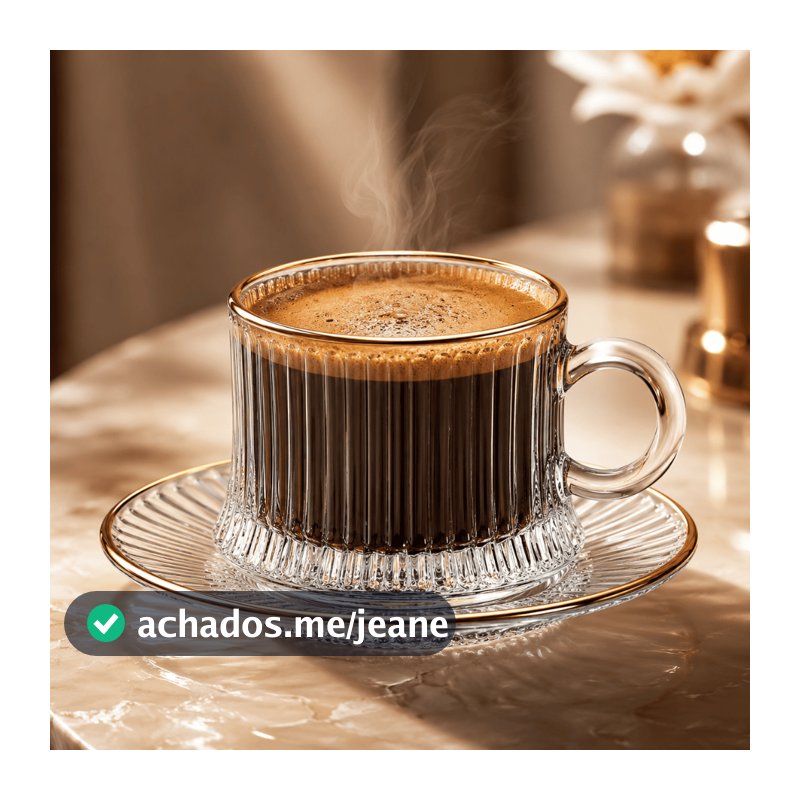 Jogo 6 Xícaras Café Chá Vidro Canelado ou Liso 80ml com Pires e Borda Dourada
