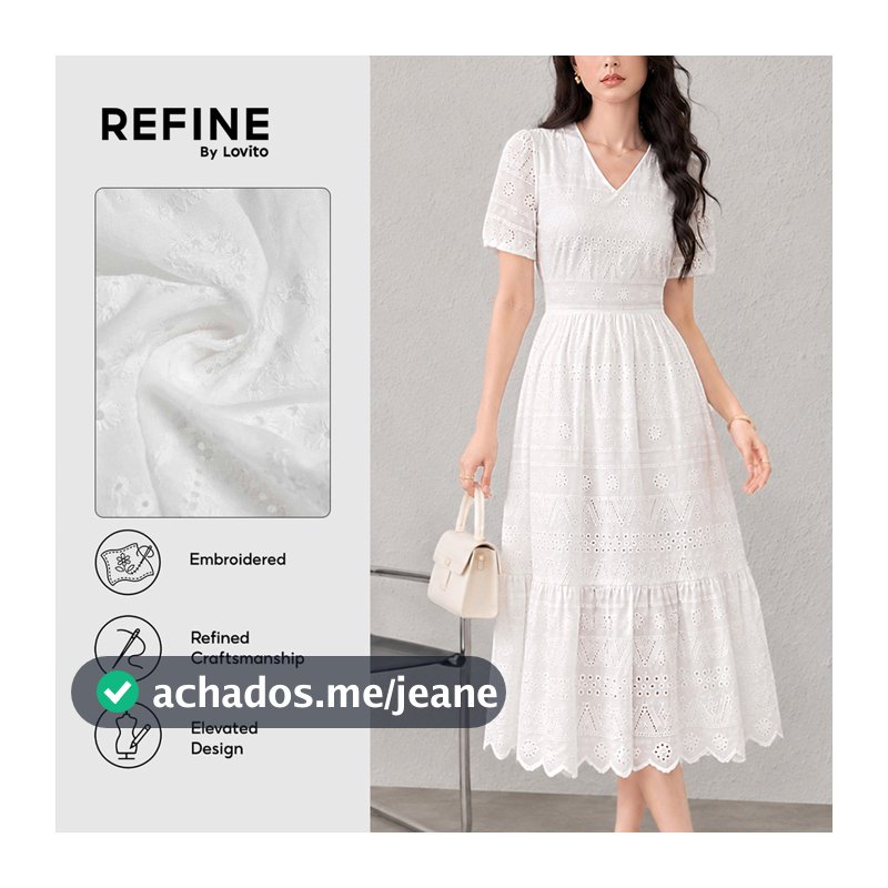 (Refine by Lovito) Elegante Vestido Casual Longo Babados Casamento Algodão Ilhós Branco Primavera/verão Feminino Trabalho LR26ED067