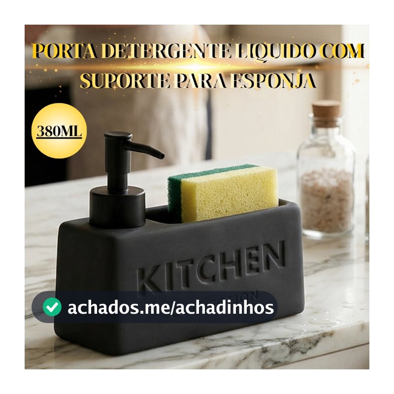 Porta Detergente Liquido Com Suporte Para Esponja De Cozinha Soft Touch Cinza 380ml Cerâmica - Wolff