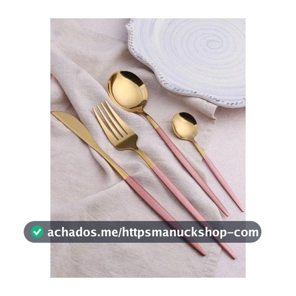 Jogo de Talheres Slim de Luxo Louça Inox Dourado com Rosa Utensílios de Cozinha Talher Kit 4 Peças Suplat