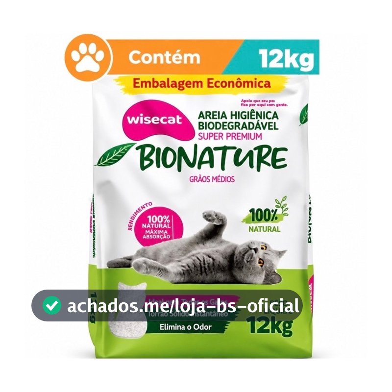 Areia Higiênica de Mandioca Biodegradavel 12Kg Para Gatos Wisecat Premium Granulado Bionature
