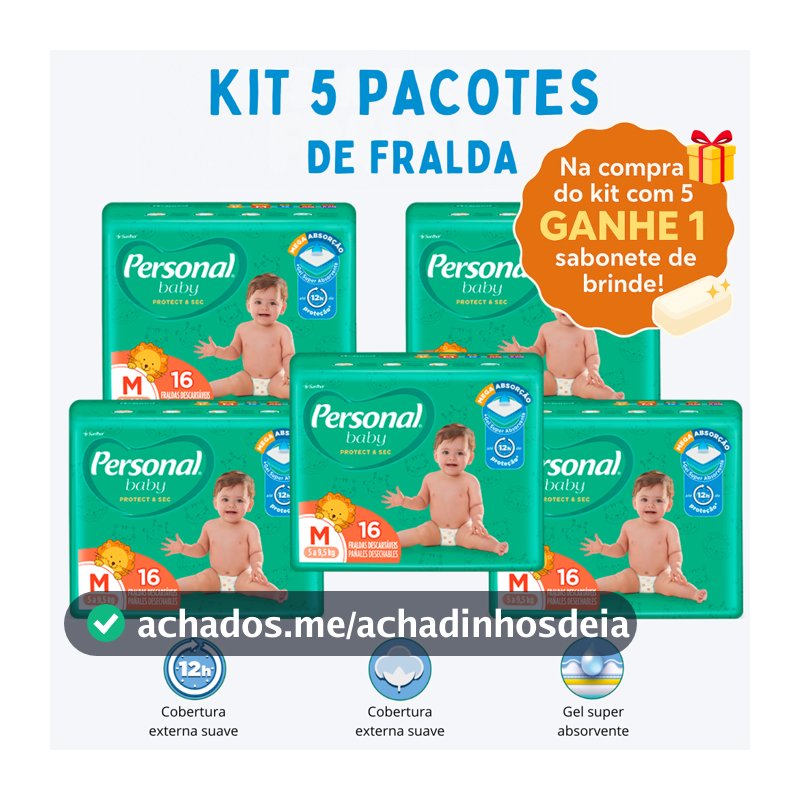 Kit Fralda Descartável Infantil Personal Baby 5 Pacotes Proteção Conforto Bebê + 1 Sabonete
