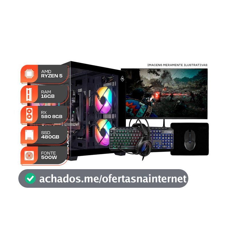 PC Gamer Forge, AMD Ryzen 5 5500, RX 580 8GB, 16GB DDR4, SSD 480GB, Completo com Monitor 144Hz e Periféricos